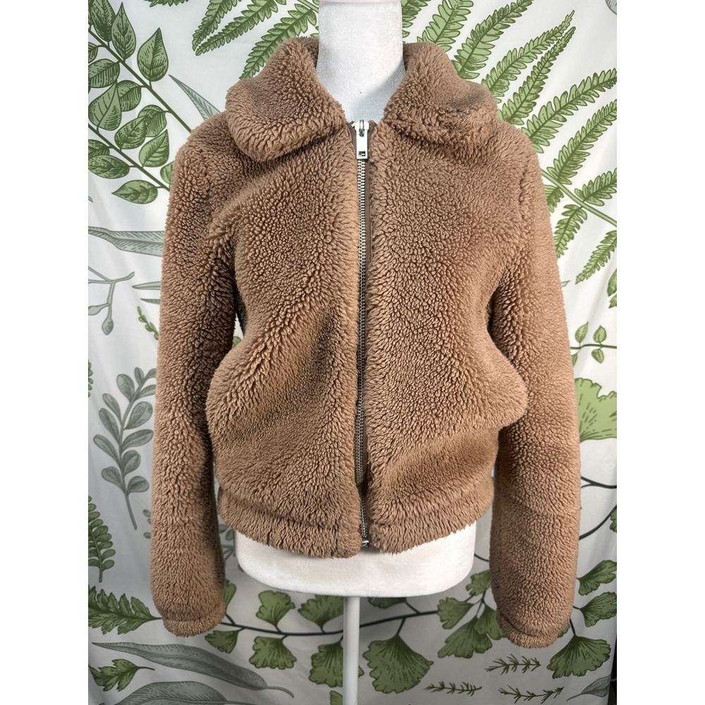 H&M Tan‎ Teddy Fleece Collared Zip Up Bomber Jacket Women's